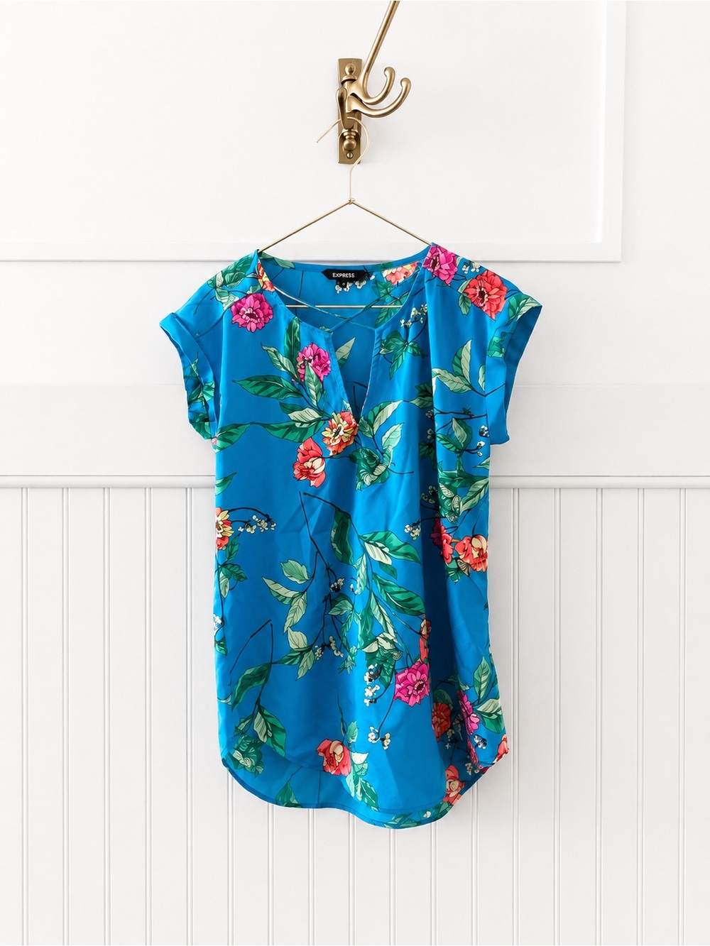 Express Turquoise Floral Short-Sleeve Blouse